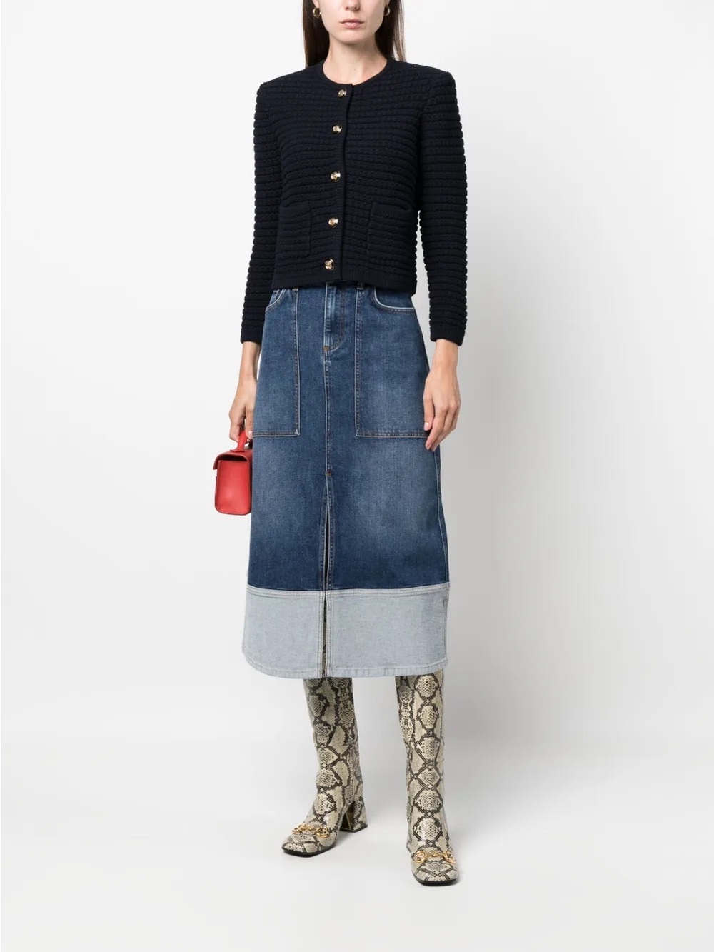 ba&sh Blue Denim Midi Skirt with Contrast Stitching